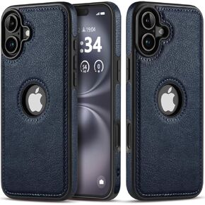 for iPhone 16 Case Luxury Leather Logo Visible Vintage Ultra Slim Protective Cover 2024 6.1 Inch (Brown)
