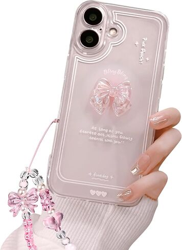 Compatible for iPhone 16 Pro Max Cute 3D Pink Bowknot Slim Women Girls Clear Aesthetic Design Phone Cases Cover+Glitter Bow Crystal Sparkle Sparkly Chain in Saudi Arabia