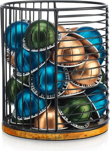 Coffee Pod Holder -Black Wire K Cup Storage with Wooden Base - Large Capacity Slim Design - Modern Coffee Basket Decor for Kitchen Countertop for Keurig Kcups & Espresso Capsules in Kuwait