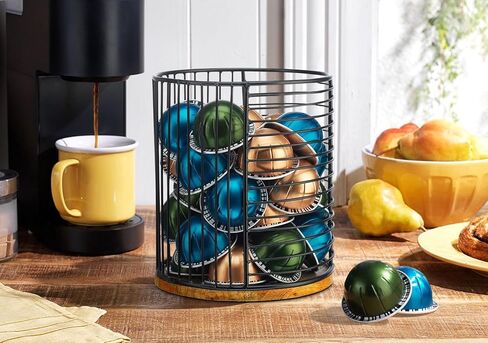 Coffee Pod Holder -Black Wire K Cup Storage with Wooden Base - Large Capacity Slim Design - Modern Coffee Basket Decor for Kitchen Countertop for Keurig Kcups & Espresso Capsules in Kuwait