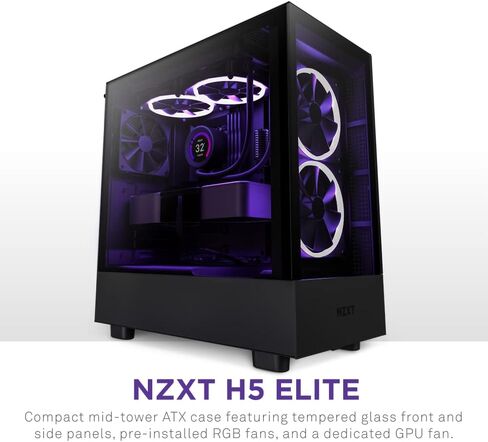NZXT H5 Elite Compact ATX Mid-Tower PC Gaming Case - Cable Management - 2 x 140mm RGB Fans - Black & F120 RGB Fan - Whisper Quiet Cooling - 120mm - RF-R12SF-B1 in Saudi Arabia