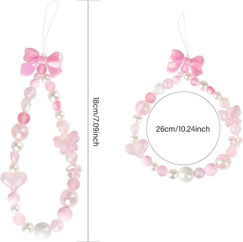 LUVI Beaded Phone Charm Lanyard Wrist Strap Love Heart Bow Beads Butterfly Chain Flower String Pearl Bling Bracelet Keychain Cute Fashion for Women Girls in Saudi Arabia