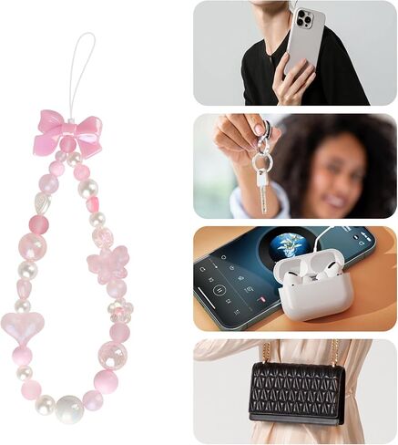 LUVI Beaded Phone Charm Lanyard Wrist Strap Love Heart Bow Beads Butterfly Chain Flower String Pearl Bling Bracelet Keychain Cute Fashion for Women Girls in Saudi Arabia
