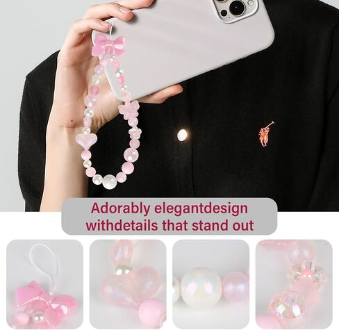 LUVI Beaded Phone Charm Lanyard Wrist Strap Love Heart Bow Beads Butterfly Chain Flower String Pearl Bling Bracelet Keychain Cute Fashion for Women Girls in Saudi Arabia