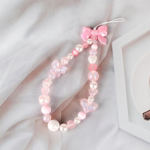LUVI Beaded Phone Charm Lanyard Wrist Strap Love Heart Bow Beads Butterfly Chain Flower String Pearl Bling Bracelet Keychain Cute Fashion for Women Girls in Saudi Arabia