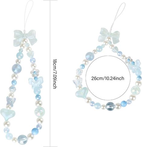 LUVI Beaded Phone Charm Lanyard Wrist Strap Love Heart Bow Beads Butterfly Chain Flower String Pearl Bling Bracelet Keychain Cute Fashion for Women Girls in Saudi Arabia
