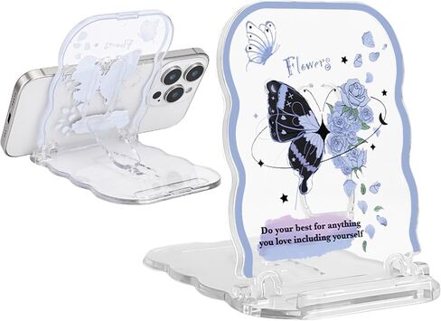Cute Phone Stand Holder for Desk Clear Black Blue Butterfly Rose Flowers Pattern, Foldable Adjustable Stand Holder Compatible for All Smartphones/Tablets/iPad in Saudi Arabia