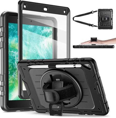 Case for iPad 6th/ 5th Generation 9.7 '' مع حامل قلم الرصاص على الشاشة [360 حزام يدوي دوار] والوقوف ، حالة مقاومة للمنزل لـ iPad 6th/ 5th/ Air 2/ Pro 9.7 (أسود) in Kuwait