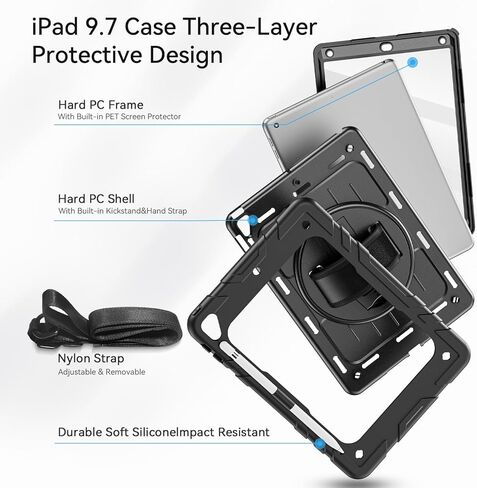 Case for iPad 6th/ 5th Generation 9.7 '' مع حامل قلم الرصاص على الشاشة [360 حزام يدوي دوار] والوقوف ، حالة مقاومة للمنزل لـ iPad 6th/ 5th/ Air 2/ Pro 9.7 (أسود) in Kuwait