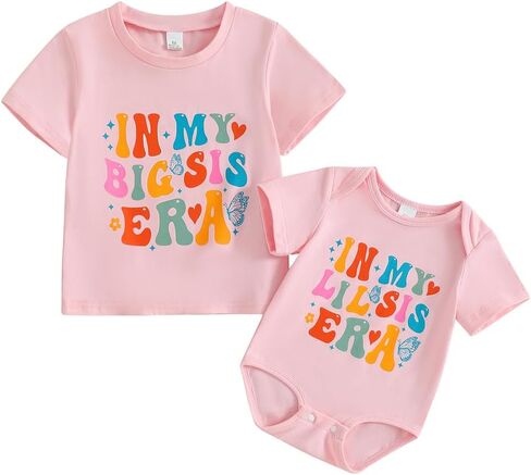 Big Sister Little Sister Matching Outfit Shirt Set Rainbow Floral T-shirt and Bodysuit Sibling Clothes in Kuwait