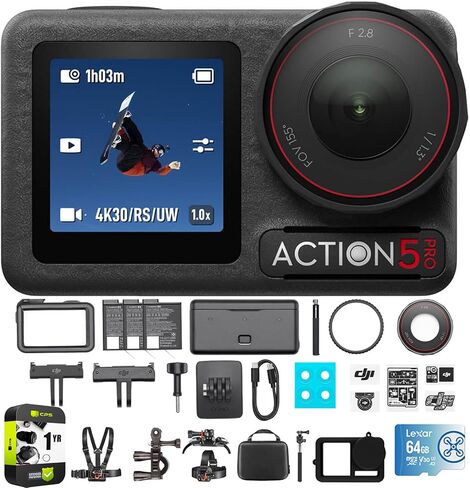 مجموعة DJI Osmo Action 5 Pro Adventure Combo، بطارية تدوم 4 ساعات، حزمة فيديو 4K مع مجموعة أدوات الحركة الخارجية، بطاقة microSDXC سعة 64 جيجابايت، حافظة حماية من السيليكون وحزمة حماية محسنة CPS لمدة عام واحد in Saudi Arabia