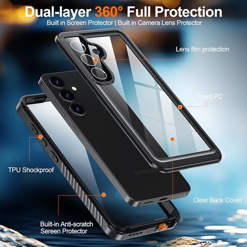 ANTSHARE for Samsung Galaxy S25 Case Waterproof, [IP68 Underwater] Built-in Screen/Camera Protector, 12 FT Military Dropproof Full Body Shockproof, Protective Phone Case for Galaxy S25 Case 6.2"-Black in Kuwait