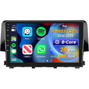 [8 CORE 2G+64G] Car Radio for Honda Civic 2016-2020, Wireless Carplay Android Auto Car Stereo, 9 Inch Touch Screen Bluetooth GPS SWC DSP Camera