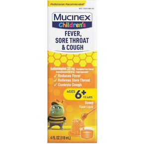 Mucinex® Children's Fever, Sore Throat, & Cough Medicine, Kids Cold Medicine/Kids Cough Medicine, Kids Medicine for Multi-Symptom Relief, Honey Flavor Liquid, 4 Fl Oz