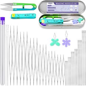 UOOU 28 Pcs Beading Needles Set Include 20 Pcs Long Straight Beading Thread Needles + 8 Pcs Big Eye Beading Needles, Embroidery Needles with Needle Bottle, Thimble, Needle Threaders for Jewelry Making