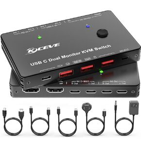 KVM Switch 2 Monitors 3 Computers HDMI + DisplayPort, KCEVE USB 3.0 DP KVM Switcher, 8K@30Hz/4k@144Hz Dual Monitor DP KVM for 3 PC Share 2 Display and 4 USB 3.0 Devices