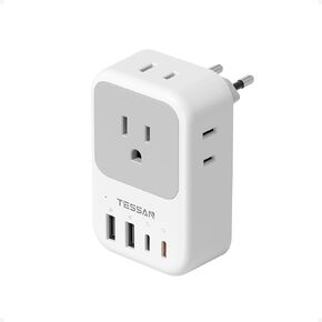 European Travel Plug Adapter, TESSAN International Power Adaptor with 4 Outlets 4 USB Ports (2 USB-C, 1 with PD 20W), Type C Adapter for US to EU Europe Spain Iceland France Italy Germany Portugal