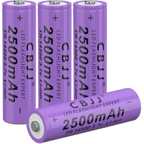 14500 Battery 3.7V Li-ion Rechargeable Battery, 2500mAh 14500 Rechargeable Battery 3.7V Battery for Flashlight, Toys (4 Pack, Purple)