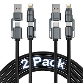 240W 4-in-1 USB Charging Cable 6.6FT: USB A/C to USB C for Lightning Cable with PD Fast Charging & 480Mbps Data Transfer for Multi Devices for iPhone 16, iPad, Macbook, Samsung, Switch (Black), 2 Pack