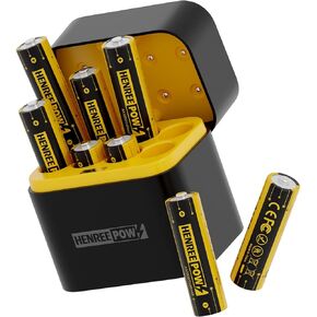 Henreepow Rechargeable Lithium AA Batteries, 8-Pack with Integrated Charging Storage Box, 3600mWh 1.5V Constant Output, Long Lasting Rechargeable Li-ion Batteries with Cycle Times up to 1600x