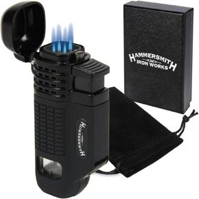 Hammersmith Work Horse Quad-Flame Butane Torch Lighter for Cigars and Cigarettes, Refillable Lighters, Mini Torch with Flip-Out Punch Cutter, Single-Action Ignition, & Fuel Gauge (No Fuel) - Black