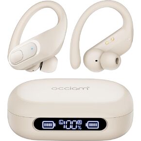 occiam Wireless Earbuds Bluetooth Headphones Ear Buds 96Hrs Playback Sport Over-Ear Waterproof Wireless Headphones Earphones with Earhooks ENC Mics Clear Call for Sport Running Workout Ivory