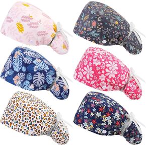 6 Pcs Scrub Cap Women Adjustable Nurse Cap with Button Bouffant Medical Surgical Hat with Sweatband Ponytail Holder