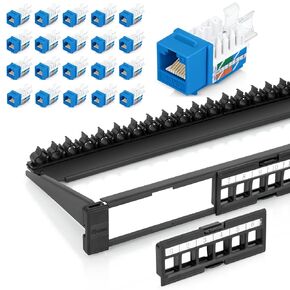 Everest Media Solutions Bundle – 2 Items: 24-Port Keystone Patch Panel + 50 Pack of RJ45 Cat6 Keystone Jacks - Blue