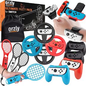 Orzly Sports Family Party Pack Accessories Bundle Designed for Nintendo Switch and OLED Console Games with Tennis Badminton Rackets, Controller Grips, Wheels & Wrist Dance Bands - with Carry Sack