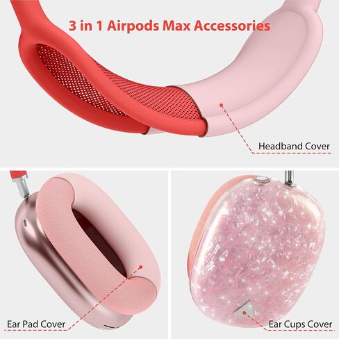 غطاء علبة لسماعات الرأس Max Airpods ، ونمط قذيفة Glitter TPU Cup Cup ، وسادة الأذن السيليكون/تغطية الحماية من عقالها متوافقة مع Apple Airpods Max (2024/2020) ، Glitter Pink Seashell in Kuwait