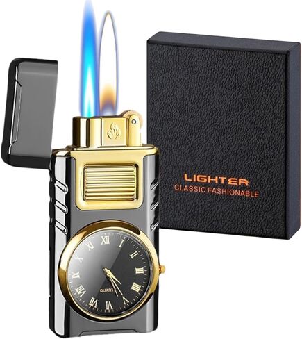 Torch Lighter, Cool Dual Flame Lighter Fashion Design, Refillable Butane Lighter with Visible Fuel Tank,Windproof Adjustable Soft Flame and Jet Flame Lighter for Men Lady (Without Fuel) (Matte Black) in Saudi Arabia