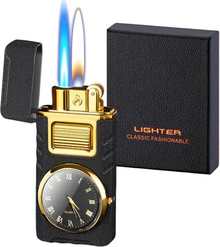 Torch Lighter, Cool Dual Flame Lighter Fashion Design, Refillable Butane Lighter with Visible Fuel Tank,Windproof Adjustable Soft Flame and Jet Flame Lighter for Men Lady (Without Fuel) (Matte Black) in Saudi Arabia