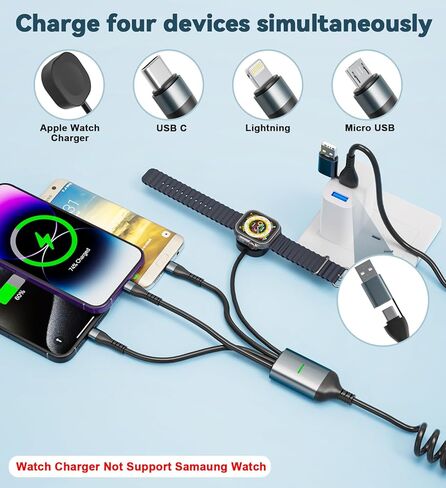 100W Retractable Multi Charging Cable for Apple Watch and iPhone - 4 in 1 Multi Phone Charger Cord with Apple Watch Charger, USB C, Lightning and Micro USB for iPhone, Samsung, iPad, Tablet, Laptap in Saudi Arabia