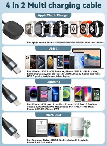 100W Retractable Multi Charging Cable for Apple Watch and iPhone - 4 in 1 Multi Phone Charger Cord with Apple Watch Charger, USB C, Lightning and Micro USB for iPhone, Samsung, iPad, Tablet, Laptap in Saudi Arabia