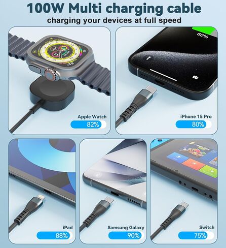 100W Retractable Multi Charging Cable for Apple Watch and iPhone - 4 in 1 Multi Phone Charger Cord with Apple Watch Charger, USB C, Lightning and Micro USB for iPhone, Samsung, iPad, Tablet, Laptap in Saudi Arabia