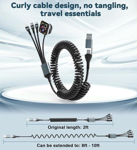 100W Retractable Multi Charging Cable for Apple Watch and iPhone - 4 in 1 Multi Phone Charger Cord with Apple Watch Charger, USB C, Lightning and Micro USB for iPhone, Samsung, iPad, Tablet, Laptap in Saudi Arabia
