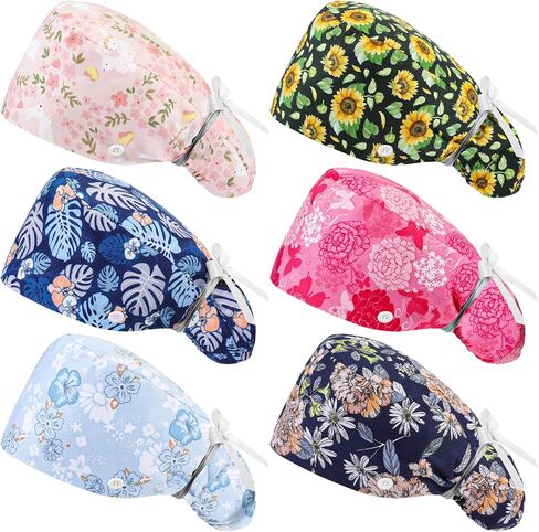 6 Pcs Scrub Cap Women Adjustable Nurse Cap with Button Bouffant Medical Surgical Hat with Sweatband Ponytail Holder in Saudi Arabia