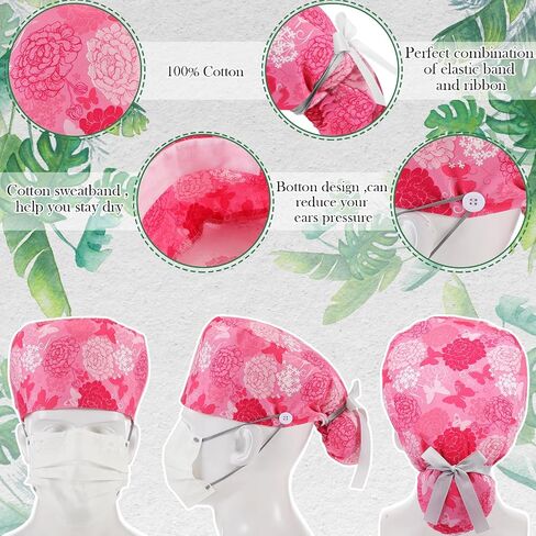 6 Pcs Scrub Cap Women Adjustable Nurse Cap with Button Bouffant Medical Surgical Hat with Sweatband Ponytail Holder in Saudi Arabia