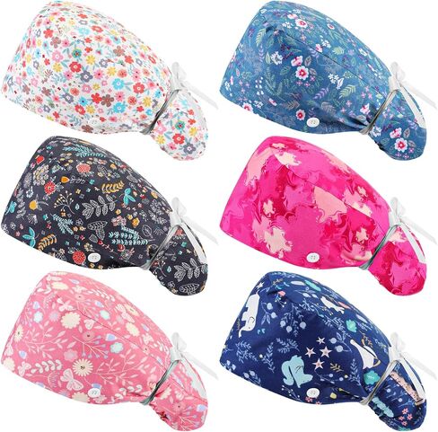 6 Pcs Scrub Cap Women Adjustable Nurse Cap with Button Bouffant Medical Surgical Hat with Sweatband Ponytail Holder in Saudi Arabia