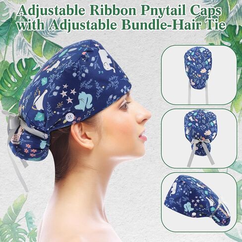 6 Pcs Scrub Cap Women Adjustable Nurse Cap with Button Bouffant Medical Surgical Hat with Sweatband Ponytail Holder in Saudi Arabia