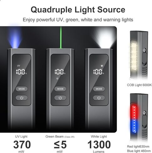 Pro Edc Flahlight Flat مع شعاع أخضر ، وضوء الأشعة فوق البنفسجية وسرد LED الأبيض ، و IPX4 ، و 1300 Lumens Protable Pocket Lights مع مغناطيس للتخييم في الهواء الطلق والسفر (الأسود) in Kuwait
