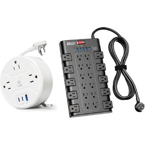 قطاع الطاقة ، واقي Superdanny Surge مع 22 منفذ AC و 6 USB ، 20 واط الشحن السريع محطة سفر المحطة مع 5 أقدام امتداد سلك محمول 3-AC و 3-USB ، 5 قدم الشريط