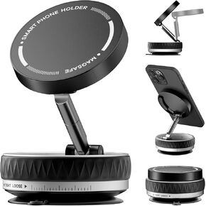 360° Rotating Foldable Vacuum Magnetic Phone Holder, Suction Cup Phone Mount for Smooth Surfaces/Tiles/Bathroom/Gym/Mirror, Magnetic Phone Holder Compatible with iPhone 16/15/14/13