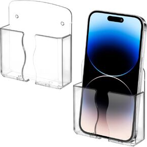2 Pcs Wall Mounted Phone Holder, Acrylic Clear Phone Stand with Transparent Tapes, Self Adhesive Phone Cradle Cell Phone Wall Holder with Charging Hole Compatible with Most Cell Phone