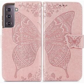 for Samsung Galaxy S22 5G Wallet Case, Embossed Butterfly Premium PU Leather [Kickstand] [Card Slots] [Wrist Strap] [6.1 inch] Phone Cover for Samsung S22 (A1-Rose)