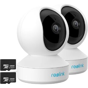 REOLINK Indoor WiFi Camera Bundle with 128GB SD Card 2 Pack, 3MP Plug-in Security Camera, Ideal for Baby Monitor/Pet Camera, E1