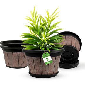 Quarut 4 Pack 10 inch Plant Pots,Upgrade Whiskey Barrel Planters with Drainage Holes & Saucer,Plastic Decoration Flower Pots Retro Design,Planters for Outdoor Indoor Garden Home Plants (Brown)
