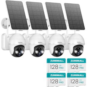 ZUMIMALL Solar Security Cameras Wireless Outdoor - 4 Packs, 360° View Outdoor Camera Wireless Solar Powered,2.4G WiFi Only, 128GB SD Card for Security Cameras