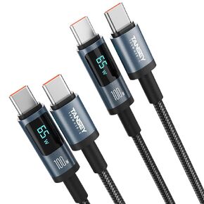TANSEY USB C إلى CABLE USB C ، النوع C 100WATT سريع الشحن مع عرض LED طوله 6 أقدام ، كابل جديلة من نايلون لسلسلة iPhone 16 ، Samsung والمزيد ، حزمة 2 ، Blue