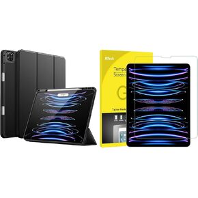 JETech iPad Pro 12.9-Inch (6th/5th Generation, 2022/2021 Model) Case with Pencil Holder and Tempered Glass Screen Protector Bundle